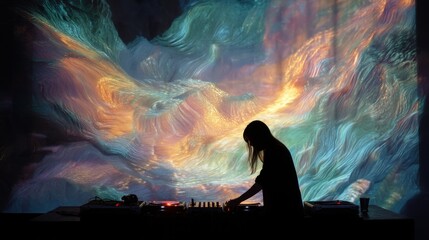 Fototapeta premium Female dj mixing tracks at psychedelic light show with swirling colors.