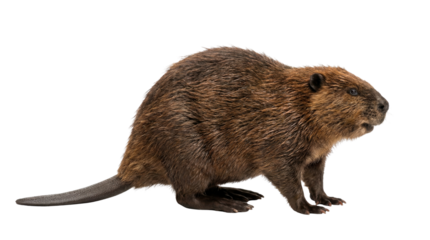 Brown North American Beaver with Flat Tail on White Background