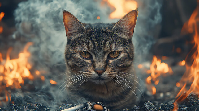 Intense gaze of a tabby cat sitting behind a burnt-out cigarette with ashes scattered studio setup 8K ultra-clear image 