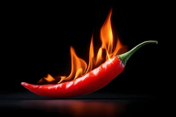 Keuken achterwand Hete pepers A striking red chili pepper, engulfed in a vivid flame, creates an intense visual against a dark black background. This image powerfully conveys hot, spicy food, truly a fiery representation.  © Jan