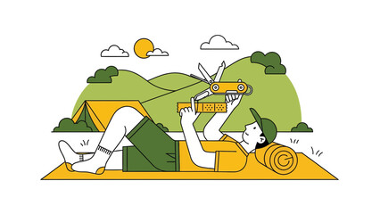Fototapeta premium Relaxed Camper Repairing Gear In Nature On A Sunny Day Adventure Awaits