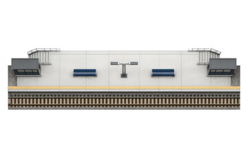 Modern train station platform with seating and tracks, viewed from above