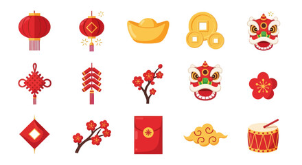 Chinese New Year Icons: Lanterns, Lion Dance, Firecrackers, Gold, Plum Blossoms