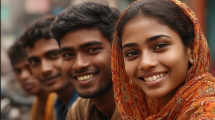 Fototapeta premium Young asian adults smiling in a line wearing colorful clothing.