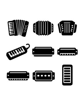 Free-Reed Aerophones Silhouette Set &ndash; Accordions, Harmonicas, Melodica