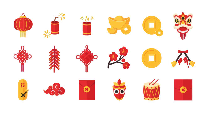 Chinese New Year Icons: Lantern, Firecrackers, Coins, Lion Dance, Red Envelopes & More
