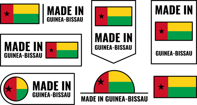Icons set for made in Guinea Bissau product emblems featuring flag design and text