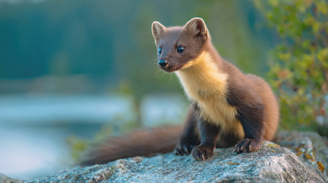 Adorable pine marten or european sable sitting on a rock in the wild forest at sunset, curious small carnivore mammal with brown fur and yellow throat looking away in natural woodland habitat park