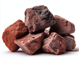 AI-generated image - Bauxite ore stones isolated on a white background, showing natural reddish-brown texture and rough surface. Raw aluminum mineral resource used in mining, industry, and metallurgy.