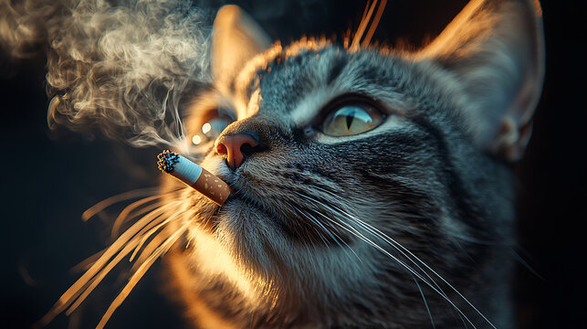Focused cat sniffing a cigarette with a disgusted expression cinematic lighting anti-smoking awareness theme ultra-sharp image 