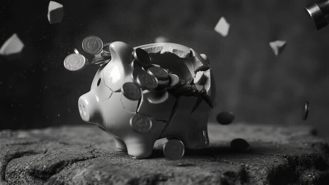 Hammer shattering pig bank revealing money. Financial crisis concept with broken piggybank, coins, and falling pieces.
