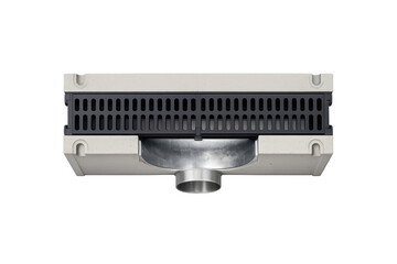 Modern concrete drainage channel with black grate and metal outlet on a black background