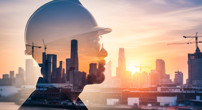 Worker looks towards city skyline during sunset with construction cranes in the background highlighting the growth of the urban area and the role of industry in development