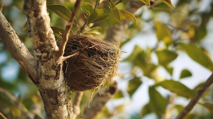 Nest built on tree branch surrounded by green leaves in sunlight  