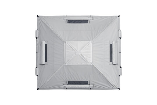 Top view of a modern, spacious, light gray camping tent with multiple windows and vents