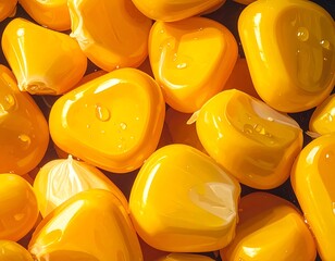 A macro shot of plump, bright yellow corn kernels with water droplets; overhead, close-up perspective