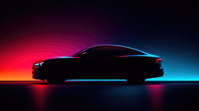 Sleek futuristic car silhouette with vibrant neon highlights in a dramatic low-light setting.