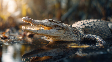 Fototapeta premium Large adult crocodile with open jaws resting in dark shallow water at sunset, alligator reptile showing sharp teeth in natural swamp habitat, powerful dangerous predator in tropical river landscape