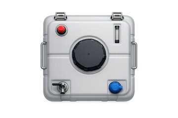 Modern portable water tank with tap and level indicator, isolated on black background