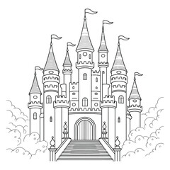 Fototapeta premium Magical Fairy Tale Castle Coloring Page – Majestic Medieval Fortress with Turrets and Flags