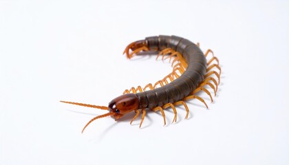 Obraz premium Centipede Crawling on White Surface Closeup.