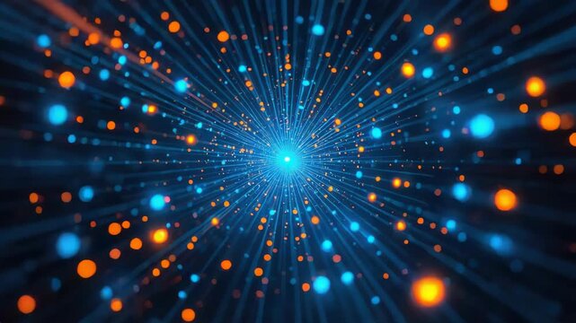 Blue light burst glowing orange and cyan particles with radiating lines and bokeh dots conveying