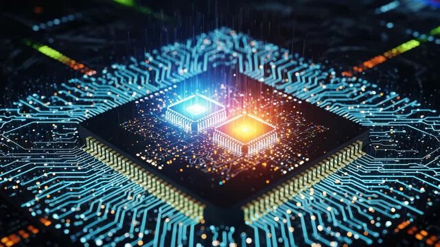 Abstract electronic circuit board design with glowing components