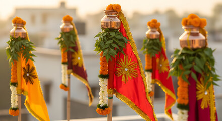 Traditional Gudis decorated with copper pots, neem leaves, and g