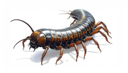Centipede Insect Closeup on White Background.