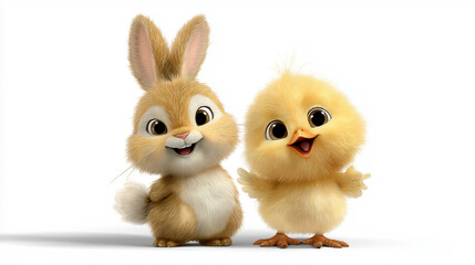 Cute Easter caricature illustration with bunny and chick, isolated on white background.