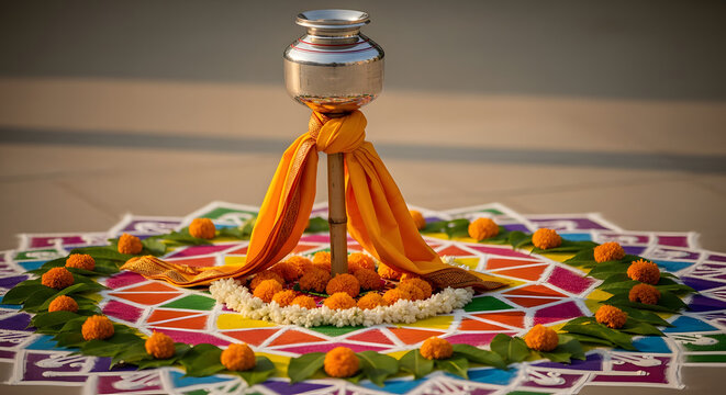 Traditional Gudi Padwa celebration setup featuring Kalash, bambo