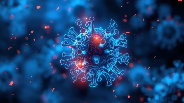 Blue microscopic coronavirus pathogen particle with glowing red spikes floating dark medical