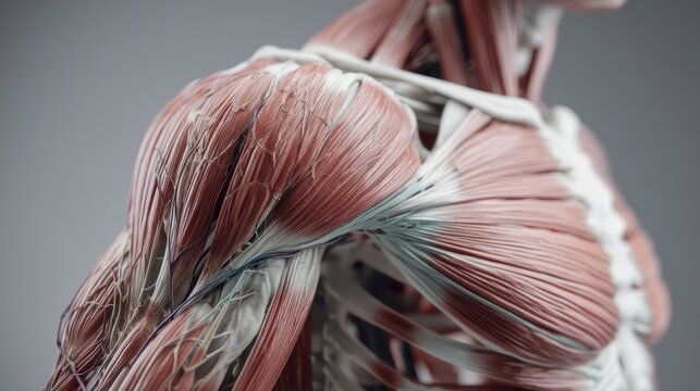 Realistic muscle anatomy model showing layers of muscle fibers in the arm and shoulder isolated on a neutral