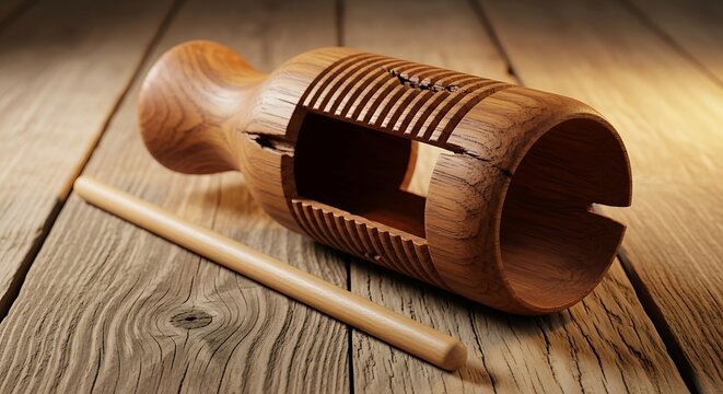 A unique wooden percussion instrument with a stick on a rustic table.