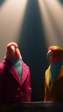 Two Colorful Parrots Dressed in Stylish Suits Engaging in a Lighthearted Conversation Under Dramatic Lighting in a Captivating Studio Setting