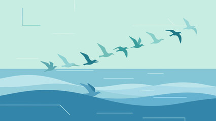 Obraz premium Seagulls Flying Over Ocean Waves Minimalist Calm Aesthetic Coastal Scene