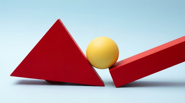 A yellow sphere is precariously balanced between two red geometric shapes on a light blue surface creating a sense of instability object concept tension arrangement creative minimal