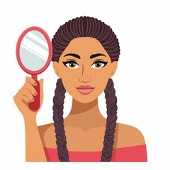 Woman holding mirror looking at reflection vector illustration isolated