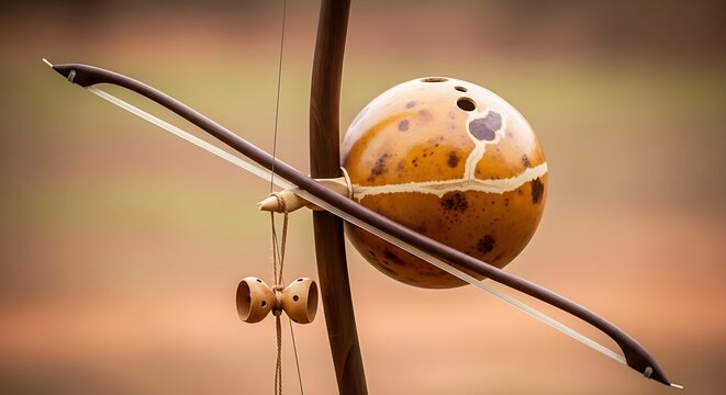 A rustic berimbau with a textured gourd stands outdoors.