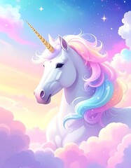 A majestic white unicorn with a rainbow mane emerges from fluffy pastel clouds beneath a starry sky