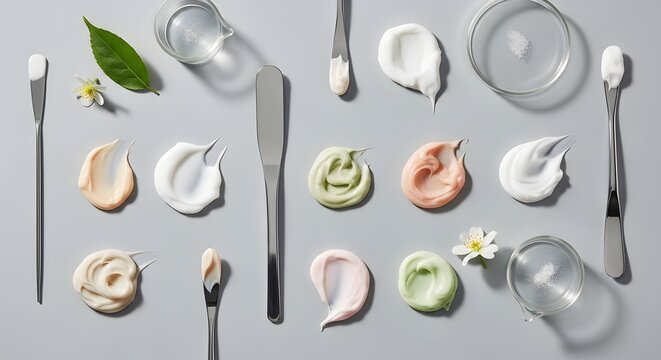 Various swatches of luxurious cosmetic creams, lotions, and balms displayed with laboratory tools and natural botanical elements for skincare testing.