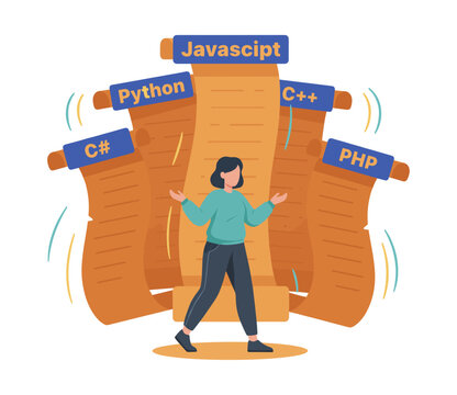 Woman surrounded by coding language scrolls