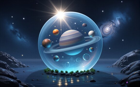 Cosmic sphere floats above ocean, planets orbiting under starlit sky.