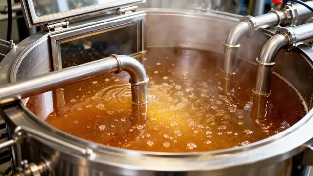 Steamdriven vacuum pan crystallization featured in medium shot highlighting the heat exchange and concentrated syrup crystallizing in sealed vessels.