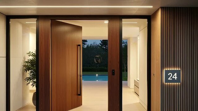 Modern House Entrance with Wooden Door Opening.