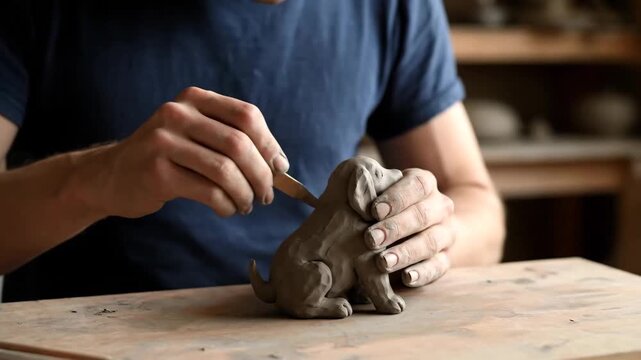Hands sculpting small clay dog figurine on wooden table