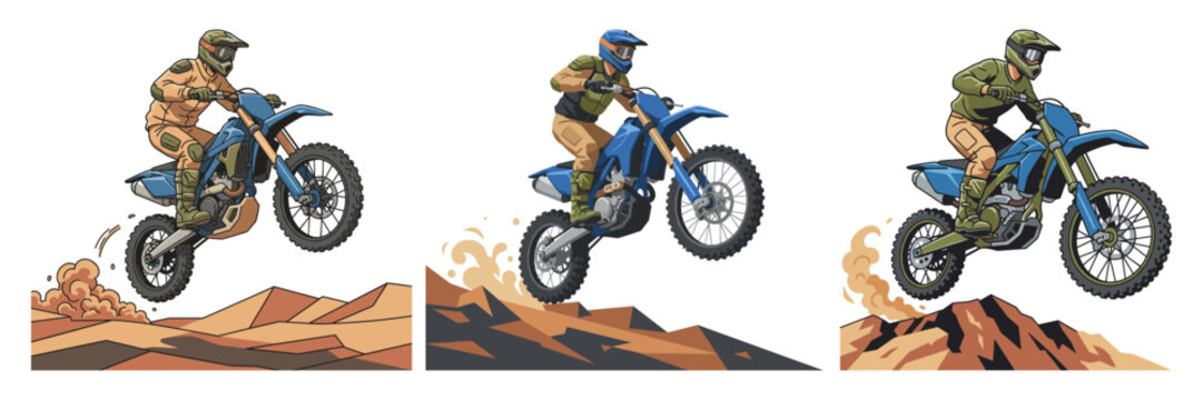 Set of illustrations of a motocross rider jumping on a dirt bike