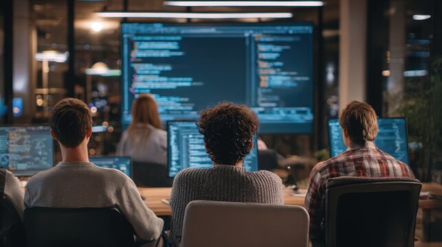 Rear view of software developers or students working with code on computer screens in a dark office. Concept of IT team collaboration, coding bootcamp, hackathon, or programming education