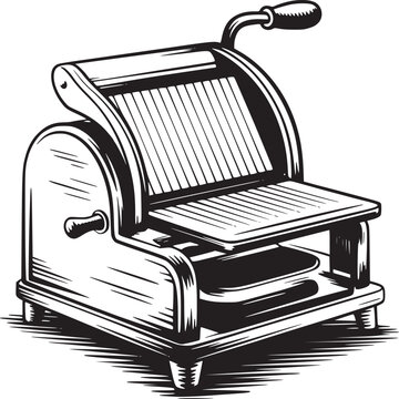 A vintage bread slicer with a handle and a tray in a black and white illustration style image view