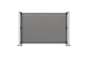Modern outdoor privacy screen with aluminum frame and gray fabric on black background